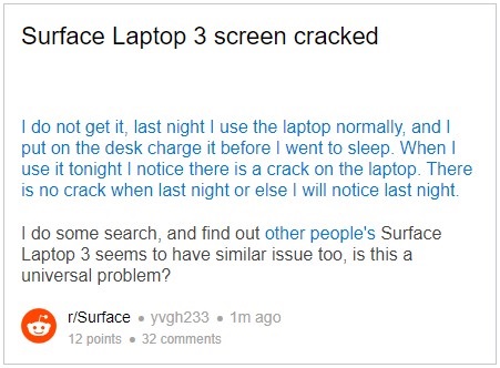 咋回事？多名微软Surface Laptop 3用户反馈屏幕破裂问题
