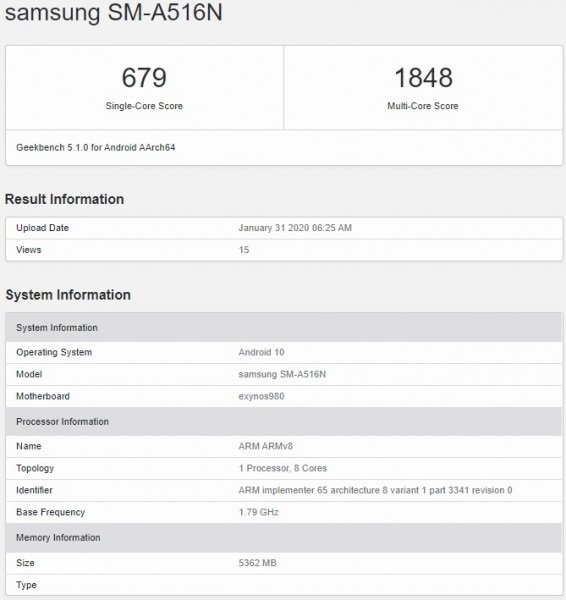 三星Galaxy A51 5G版本现身GeekBench 搭载猎户座980+6GB的RAM
