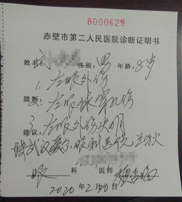 赤壁市第二人民医院诊断证明书 受访者供图
