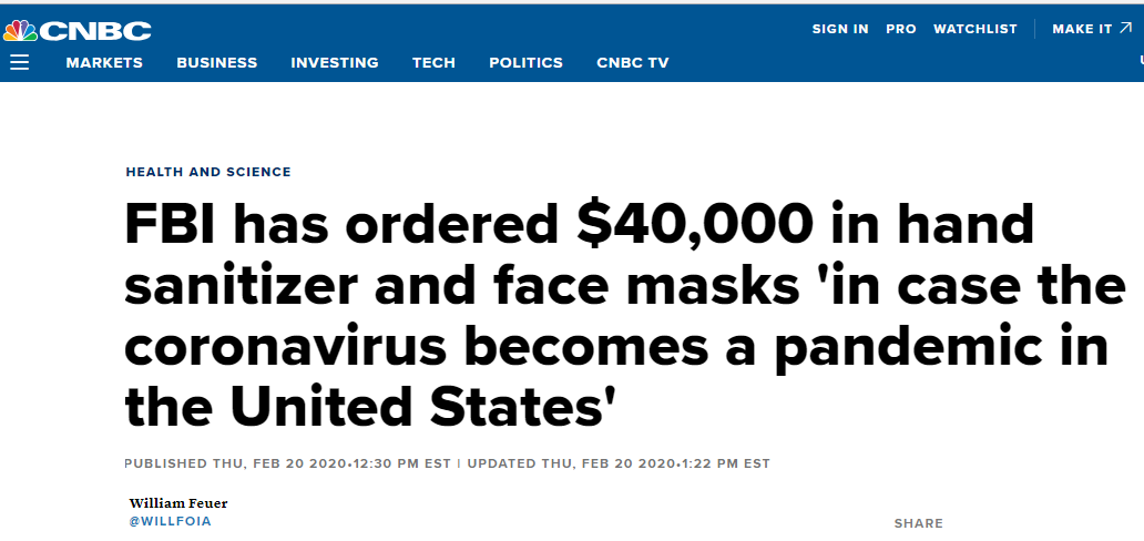 CNBC：FBI已經訂購了4萬美元的消毒洗手液和口罩