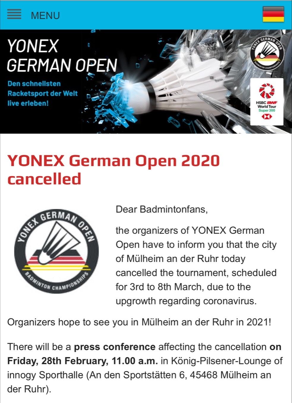  德国公开赛被迫取消。