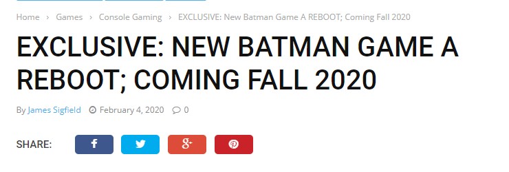 《蝙蝠侠》新作或是系列“软”重启 2020年秋季发售