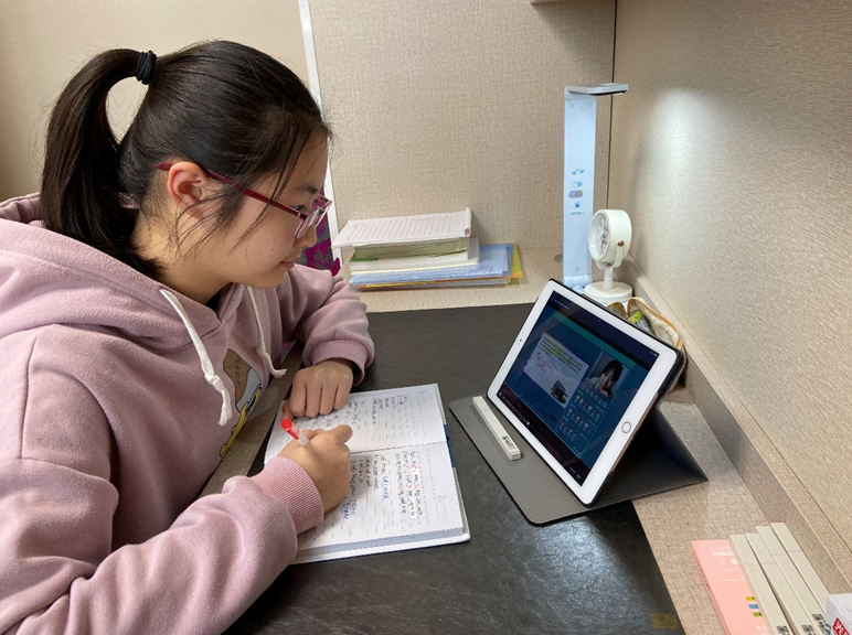 (正在和教育"名师直播间"上学习的小学生.