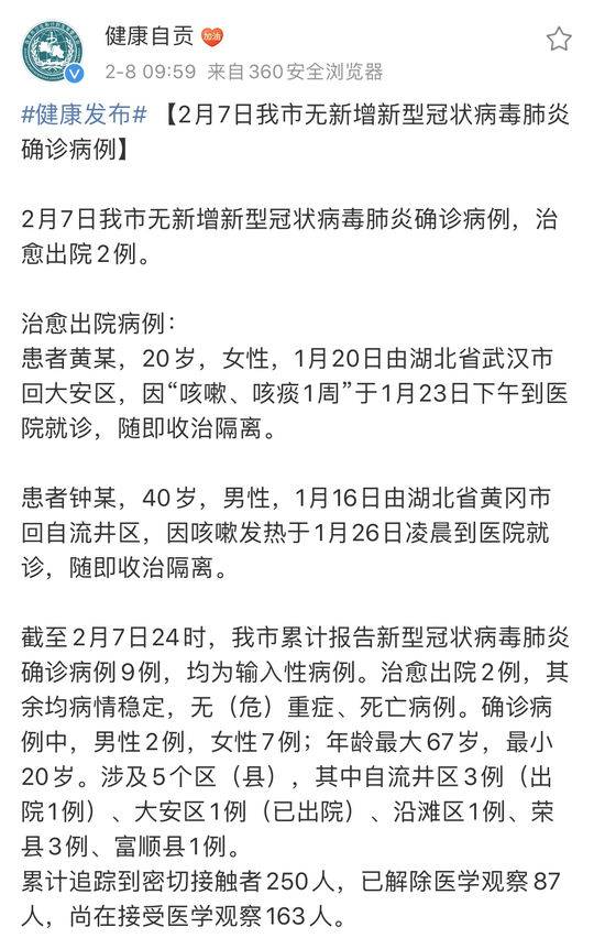 2月7日四川自贡无新增新冠肺炎确诊病例 治愈出院2例