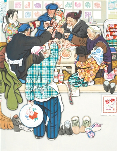 春节美景(中国画) 丰子恺丰衣足食(版画) 力群北京的春节(课本内页)