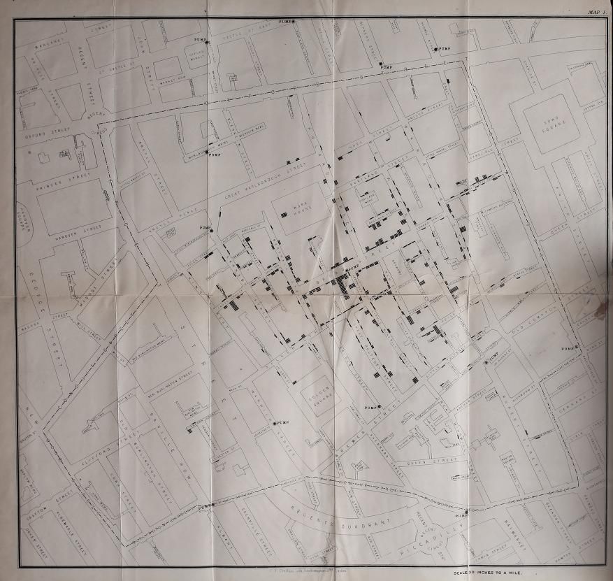 约翰·斯诺制作的霍乱传染地图（Snow, 1855）