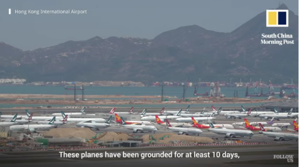 停机坪上的飞机已停飞至少十天 图片来源：《南华早报》视频截图
