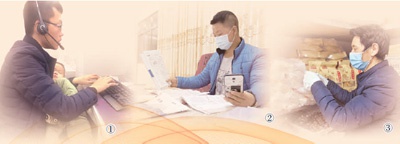 图①：大年三十中午，金军抱着一岁半的儿子在加班。王丹丹摄 图②：邓召礼通过手机给学生讲解化学题。农芳红摄 图③：邱先登正在整理货架。王忠虎摄