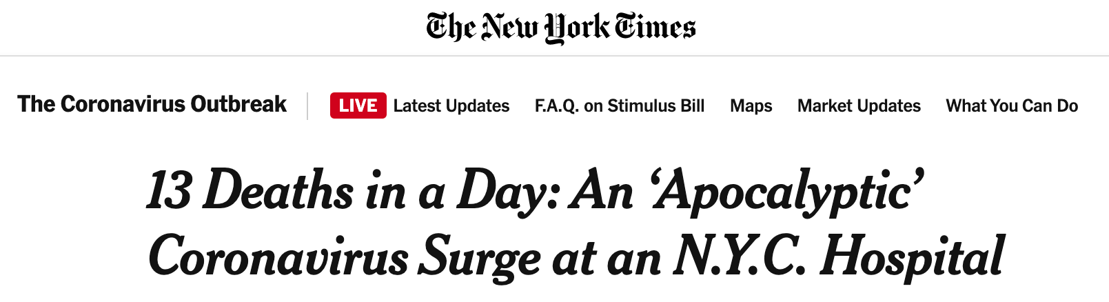 △美国《纽约时报》：一天内13人死亡 灾难的新冠病毒在纽约市医院蔓延
