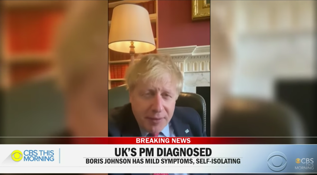  英国首相鲍里斯·约翰逊通过视频宣布自己新冠病毒检测阳性（图片来源：CBS截屏）