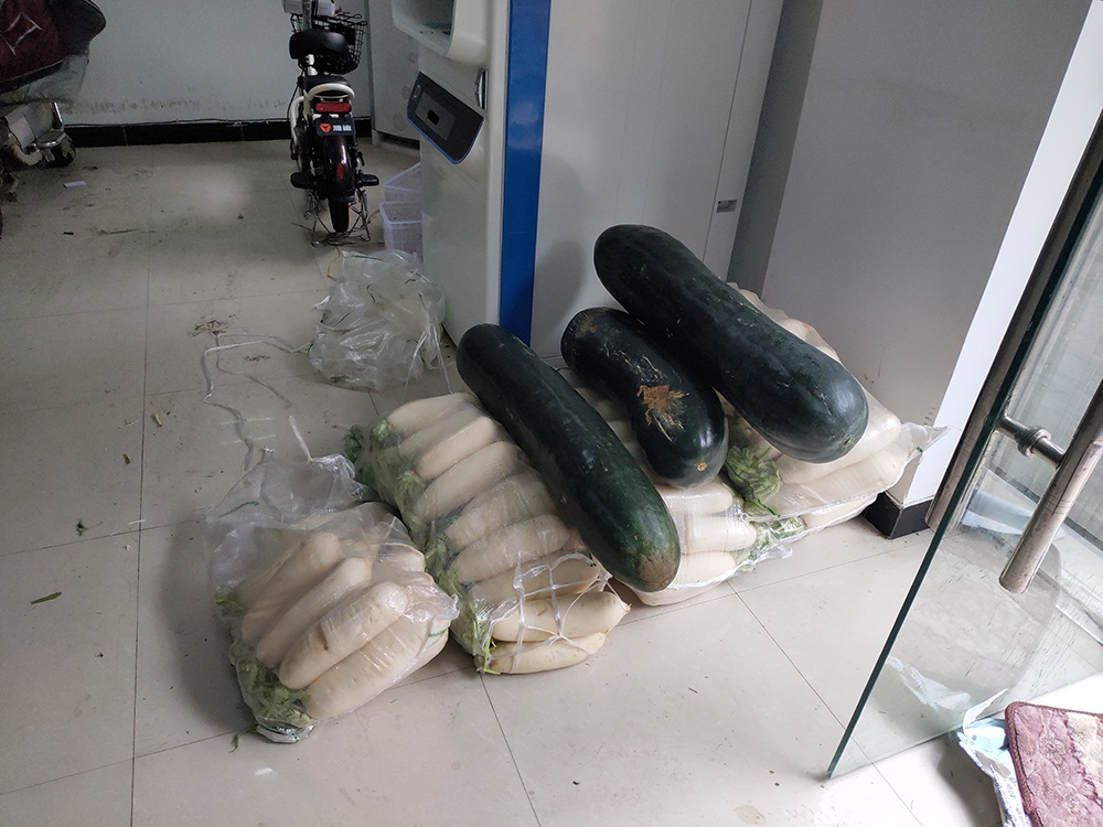 完成“四类人员清零”以后，社区的主要工作是保障民生。大门口堆放着萝卜和冬瓜。