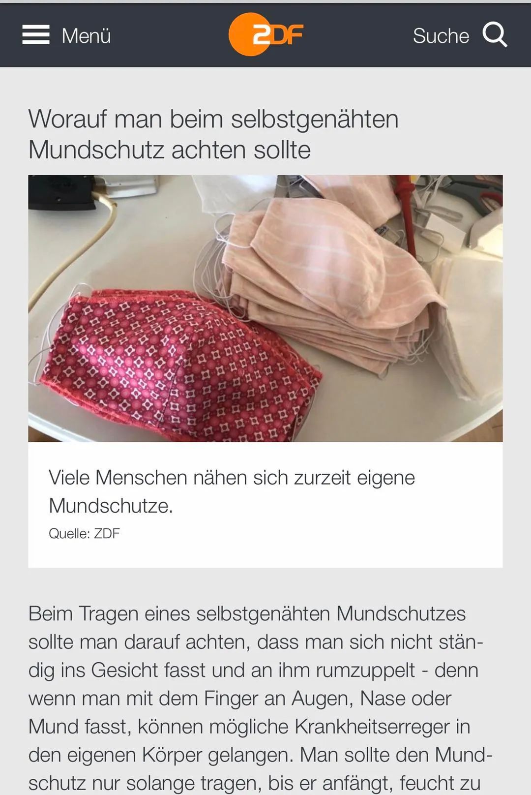 △德国电视二台对很多民众自己动手缝口罩进行报道