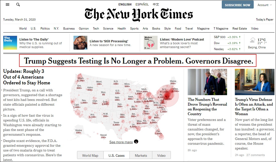 《纽约时报》网站首页截图