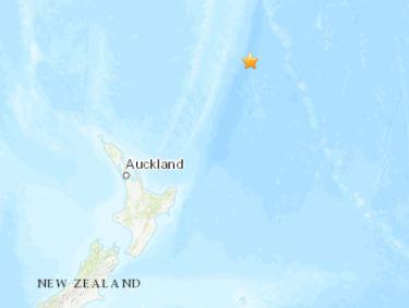 北京时间17时11分许，新西兰东北部海域发生5.0级地震。（图片来源：美国地质勘探局网站截图）
