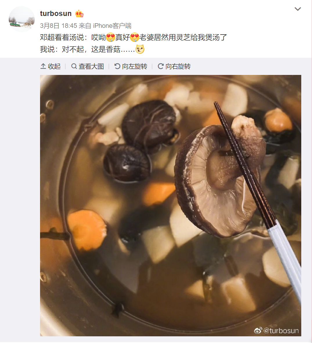 最近主攻料理的孙俪，还在不久前发微博晒出自己煲的汤