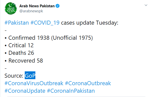 【海外网】巴基斯坦新冠肺炎确诊病例增至1938例 死亡26例
