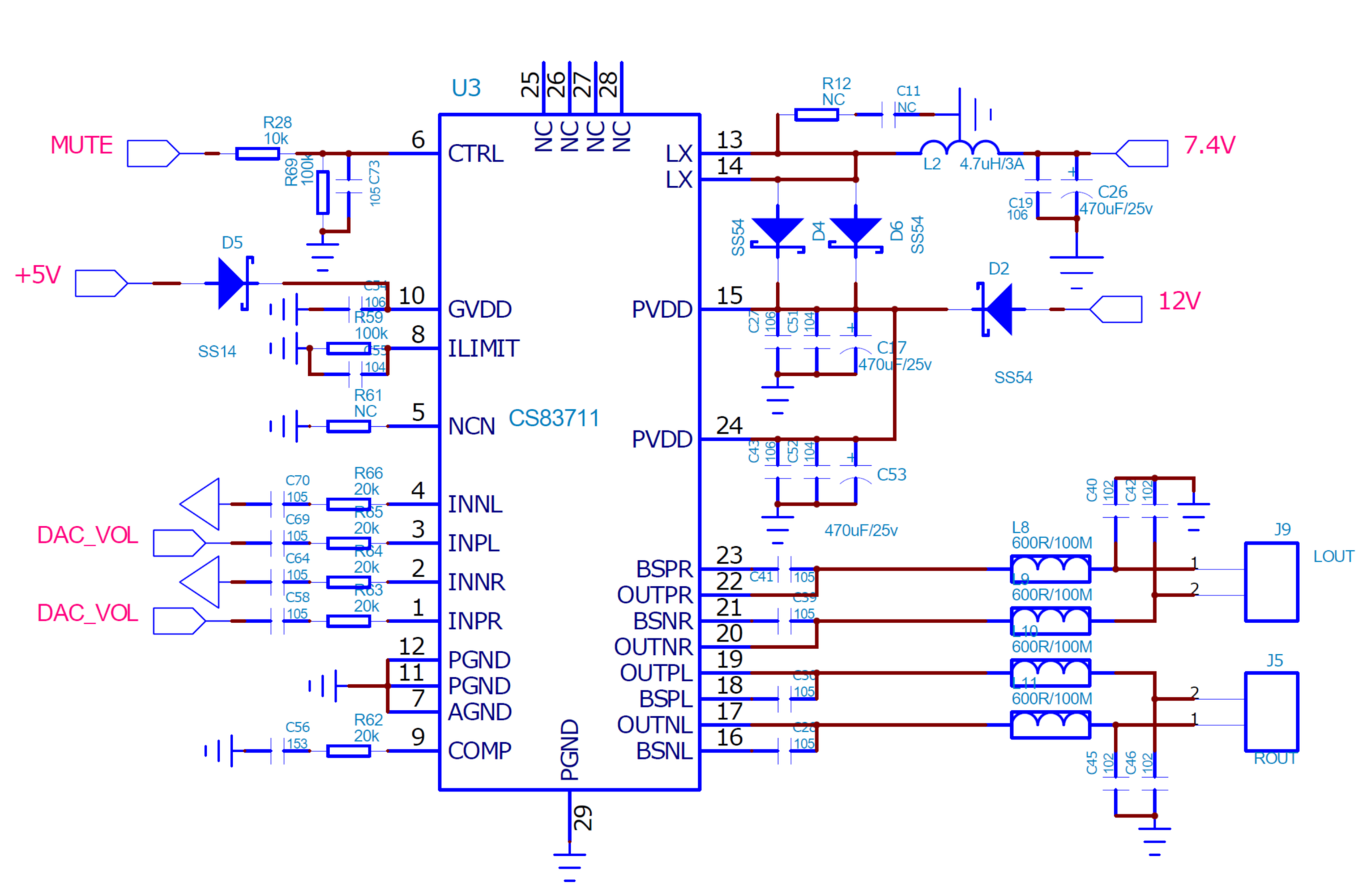 两节锂电内置升压2×20w蓝牙户外音箱方案demo pcb顶层设计图