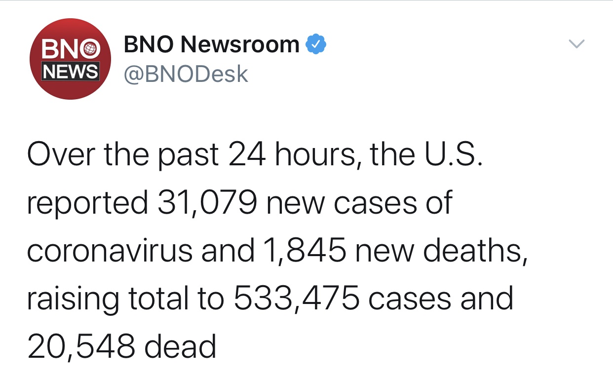 『环球网』外媒：美国单日新增确诊病例超3万例，累计超53万例