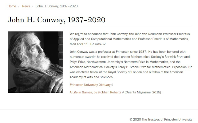 生命游戏缔造者数学家约翰h康威因新冠去世享年82岁