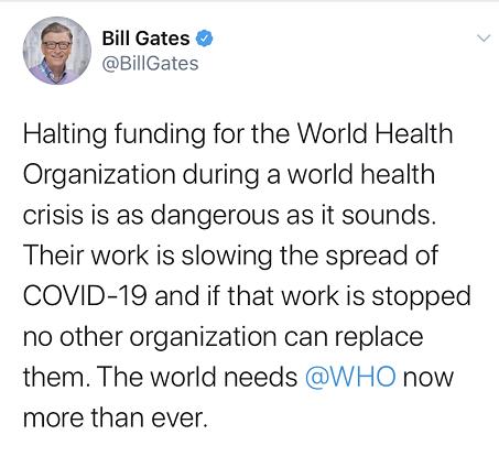 △比尔·盖茨：停止对世界卫生组织提供资金支持，这很危险