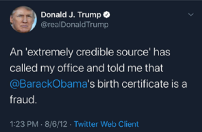 △特朗普2012年推文引用“消息人士”的话称奥巴马的出生证明造假