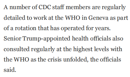 △《华盛顿邮报》指出，多年来，CDC的一些工作人员会定期被派往位于日内瓦的世卫组织总部工作，这是美国和该组织轮换工作的一部分。