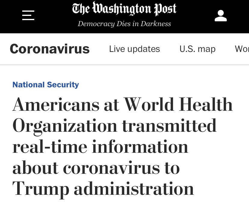  △《华盛顿邮报》：世卫组织中的美国人向特朗普政府传送了关于新冠病毒的实时信息。