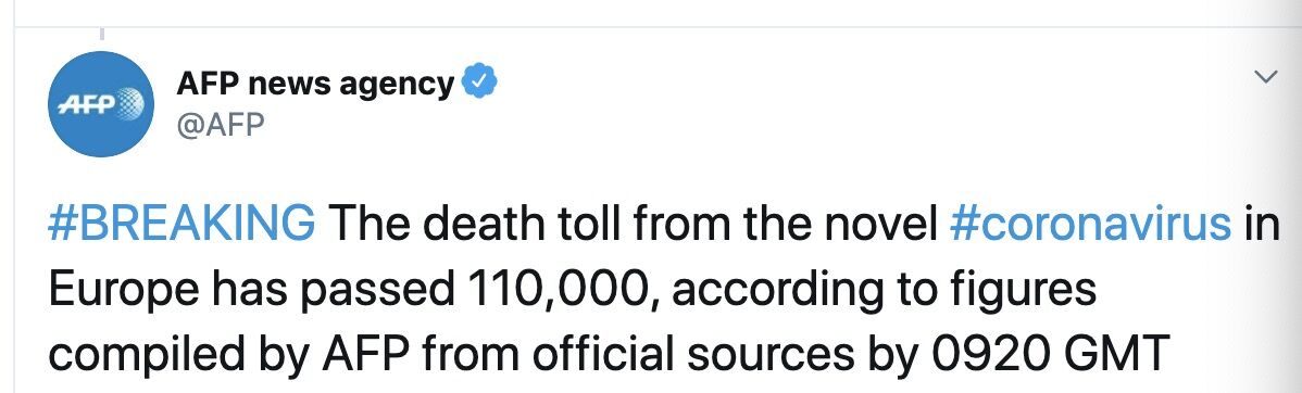 『环球网』欧洲新冠肺炎死亡病例超过110000例