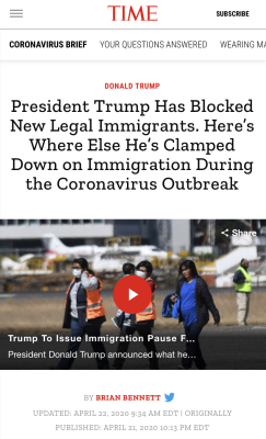 △《时代》杂志：特朗普在疫情期间喊停合法移民