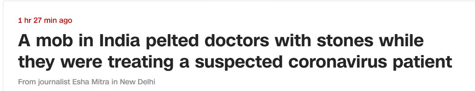 [环球网]因给新冠疑似患者提供咨询，印度多名医护遭扔石块