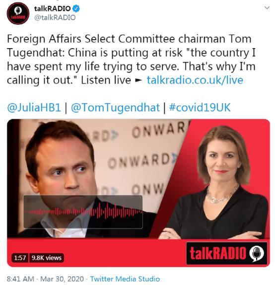  △英国议会外交事务委员会主席汤姆·图根哈特参加广播节目