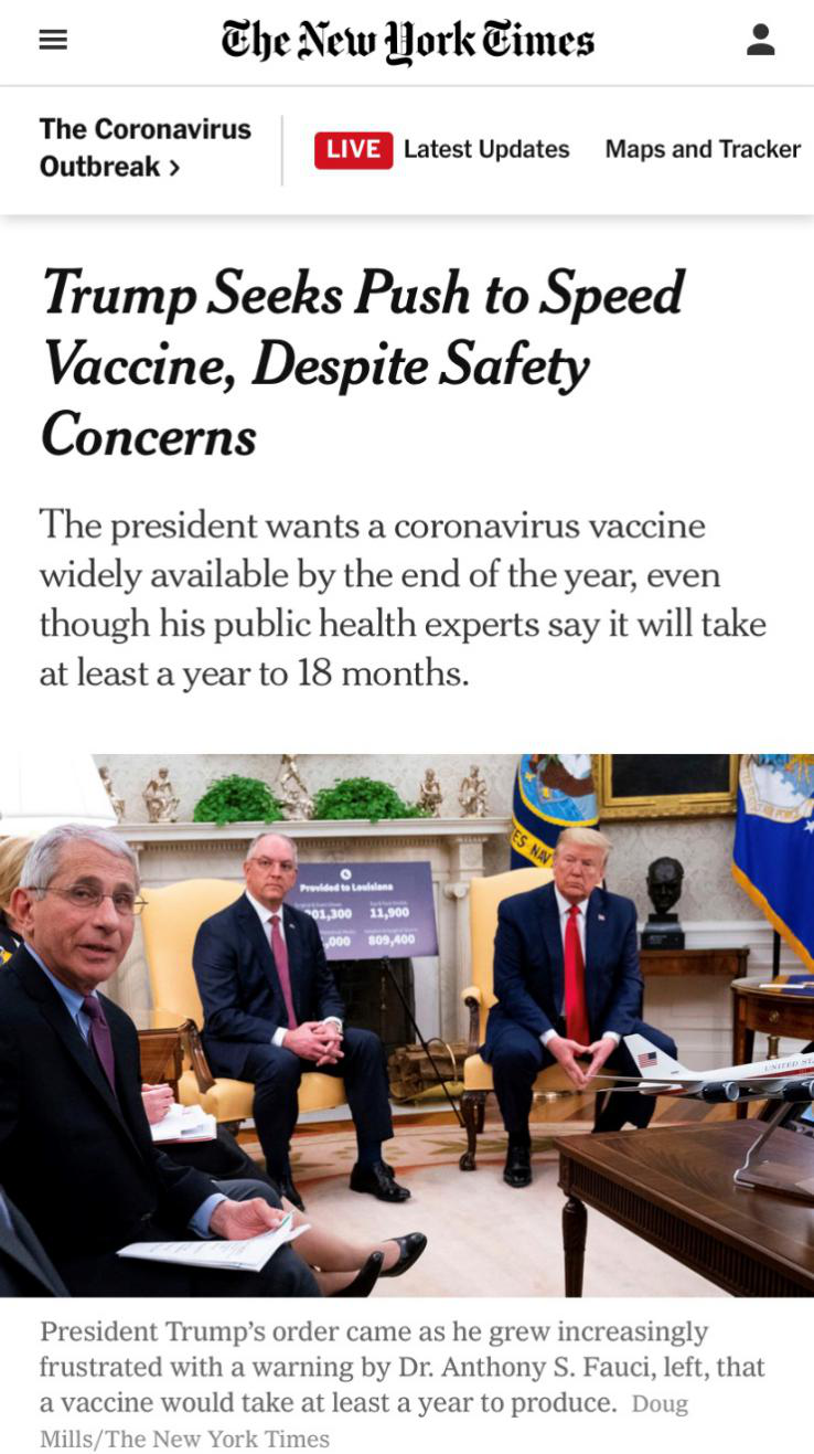 △《纽约时报》：特朗普总统不顾安全考虑，依旧坚持加速疫苗研发进程