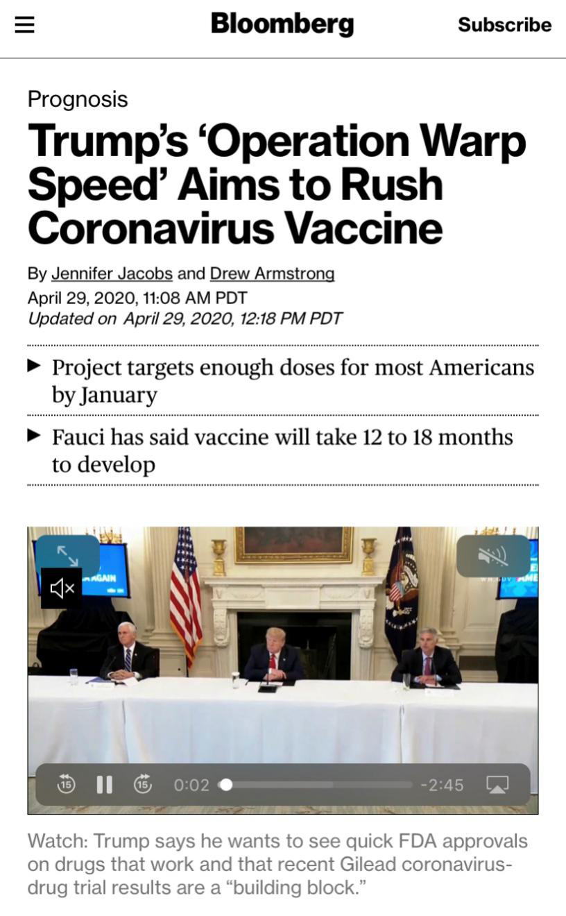 △彭博社新闻表示，特朗普的“曲速行动”计划意图催促疫苗研究的进程
