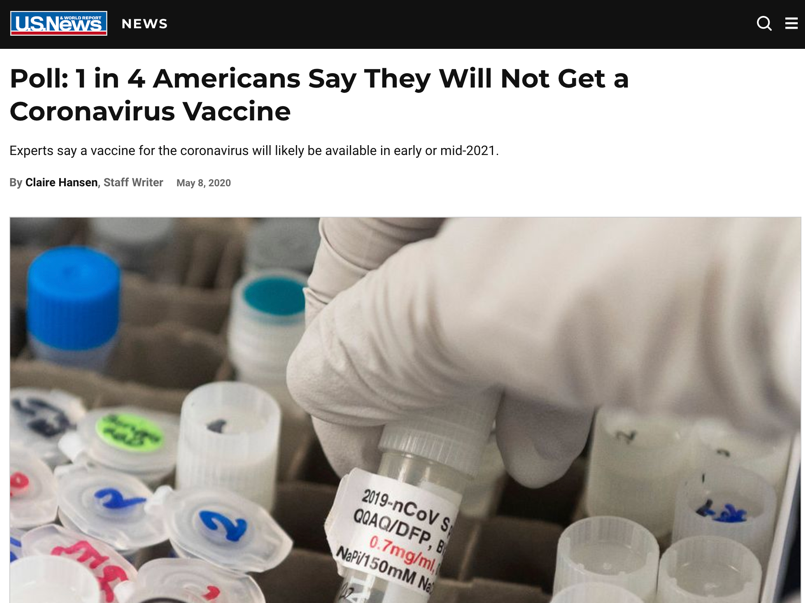 △US News : 美国每四个人中就有一个人表示他/她不想接种新冠疫苗