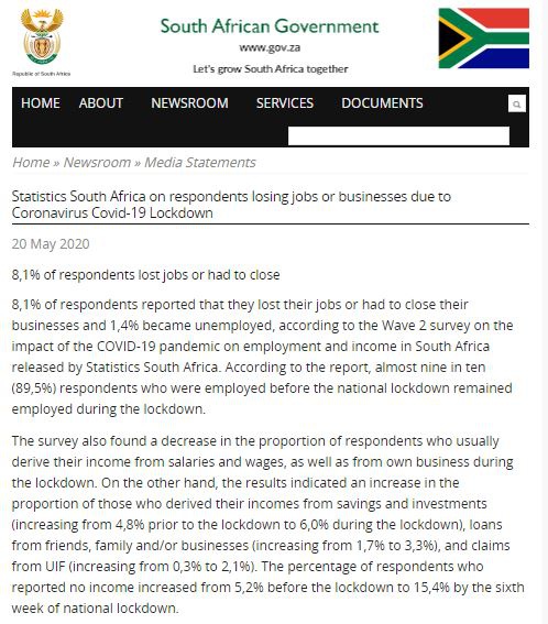 南非统计局发布通告称约8.1%的人因居家隔离而失业