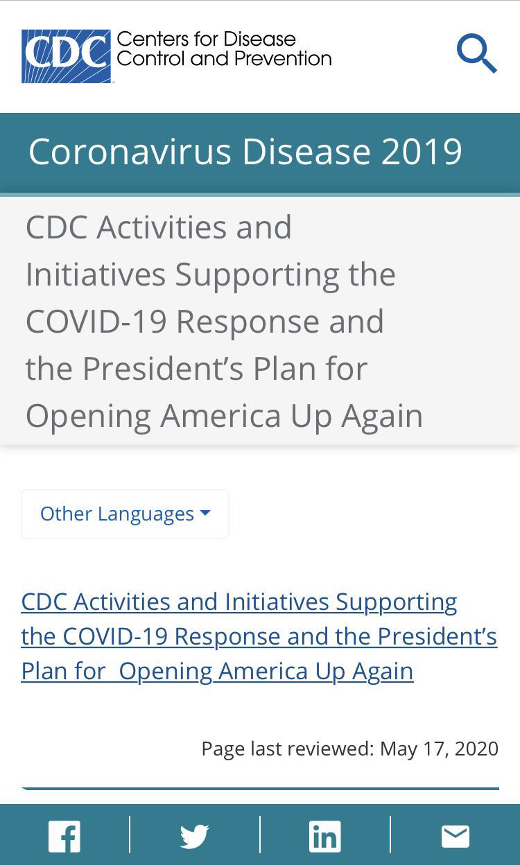 △美国疾病预防与控制中心（CDC）官网发布《支持COVID-19抗疫和总统的“重启美国计划”倡议书》