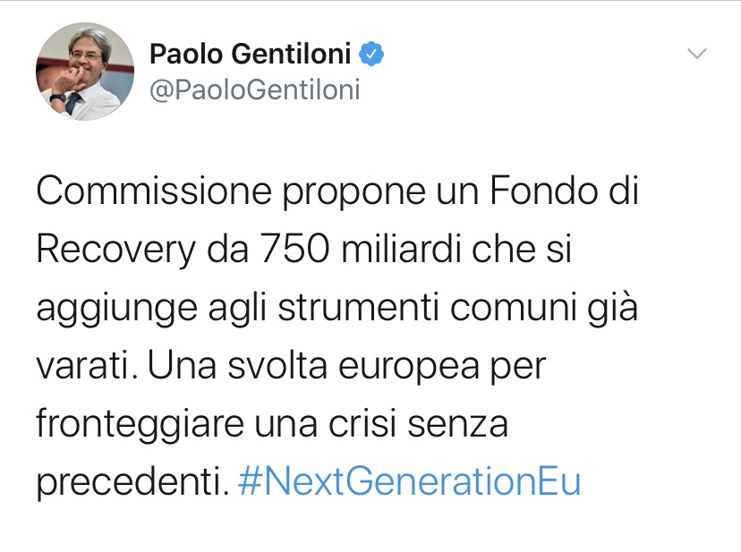 △保罗·真蒂洛尼在社交网络上宣布：欧委会提议设立7500亿欧元经济复苏基金