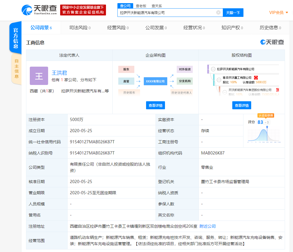 开沃汽车于拉萨成立新能源汽车公司 注册资本5000万