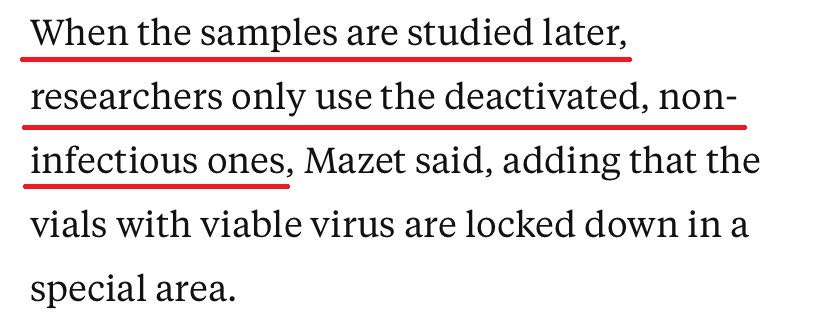  △马泽特说，在对样本进行研究时，研究人员仅使用灭活的、不具有传染性的样本。