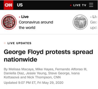 △CNN报道：针对乔治·弗洛伊德事件的抗议活动正在全美蔓延