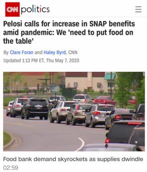 △CNN报道，佩洛西提议加大“营养补充援助计划”力度，解决食物短缺问题刻不容缓