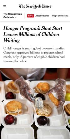 △《纽约时报》报道，“电子福利转账计划”实施缓慢，使百万孩童饱受饥饿之苦