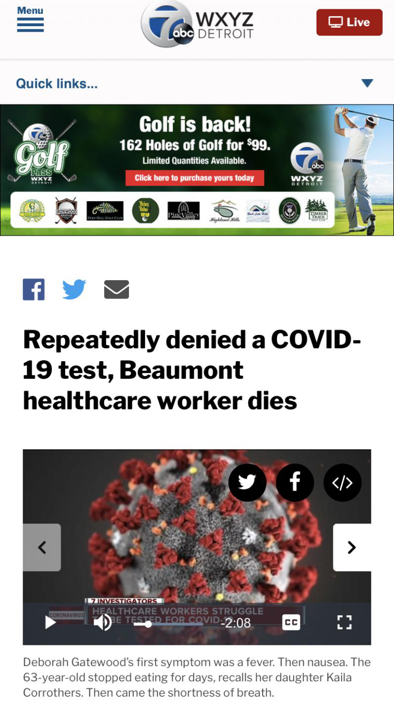 △ABC底特律报道，多次被拒绝COVID-19检测的医护人员，终致死亡