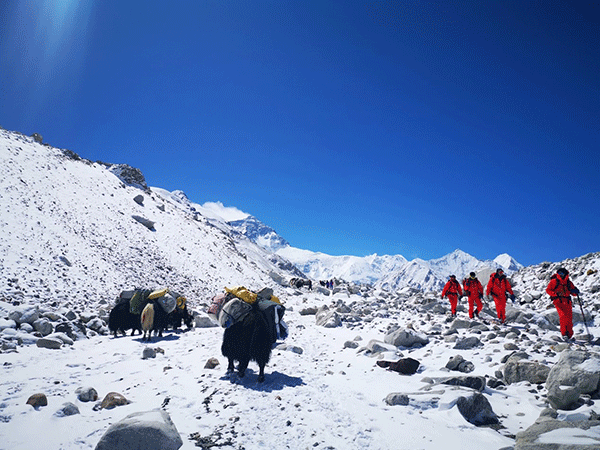 　　△队员们在珠峰大本营附近进行适应性徒步训练 图/陈刚