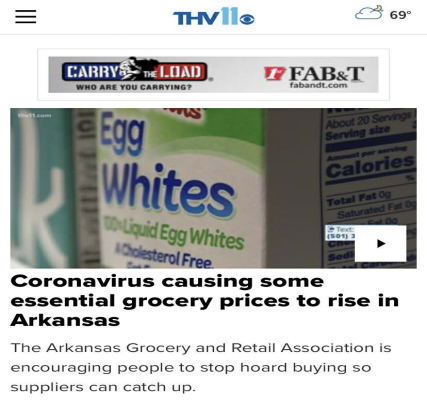 △THV11报道截图：新冠疫情导致阿肯色州零售商品物价升高