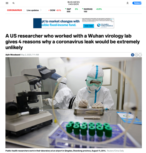 △美国《商业内幕》报道，研究人员表示病毒几乎不可能源自武汉研究所