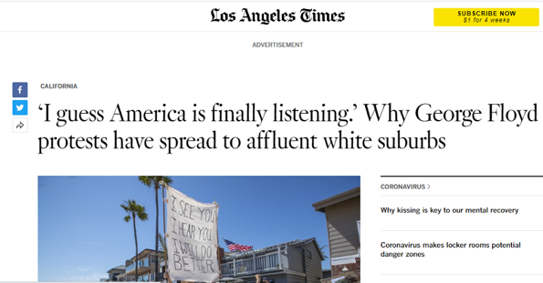 △《洛杉矶时报》报道称，示威活动蔓延到富裕的乡村白人社区，美国这一次终于听进去了吗？
