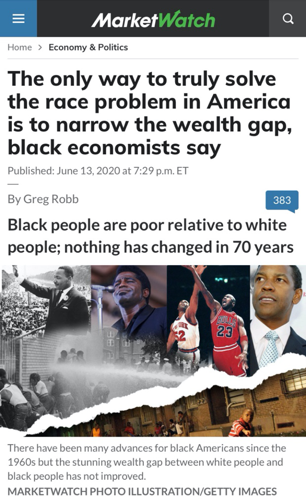 △《市场观察》报道，非裔经济学家表示，种族斗争源于贫富差距