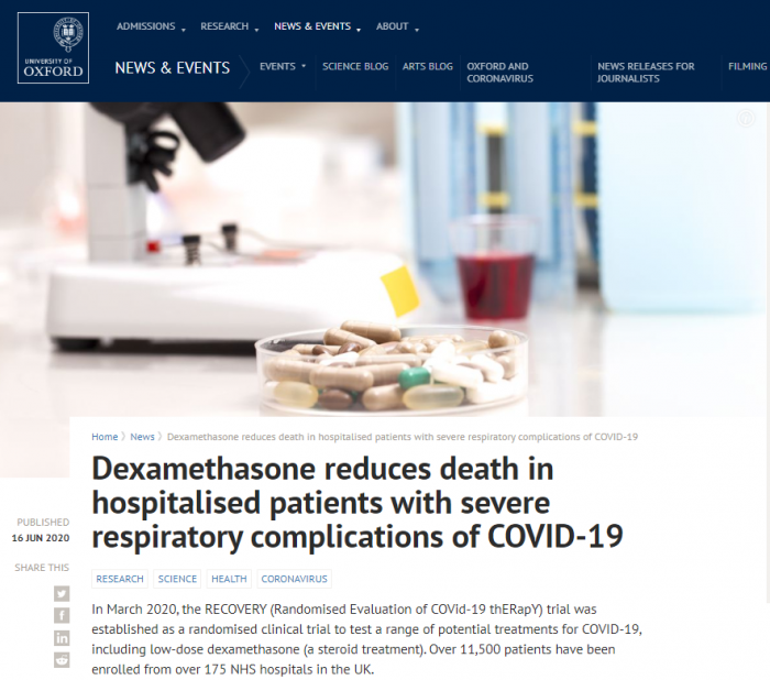 牛津大学新研究揭示地塞米松有助于降低新冠重症患者的死亡率 1 牛津大学新研究揭示地塞米松有助于降低新冠重症患者的死亡率