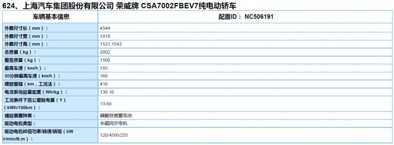 荣威Ei5磷酸铁锂电池版现身 NEDC综合工况续航416公里
